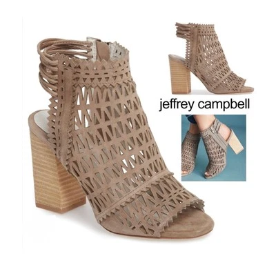 JEFFREY CAMPBELL Ottawa Taupe Gamuza Cuero Zapatos Tacón Bloque Punta Abierta Botín 9 Foto 1 de 4