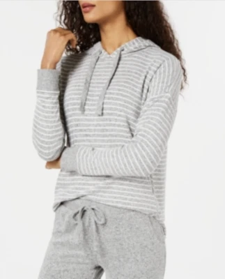 Alfani Intimates Women's Grey Striped Long Sleeve Knit Hoodie Size LARGE - Image 1 of 2