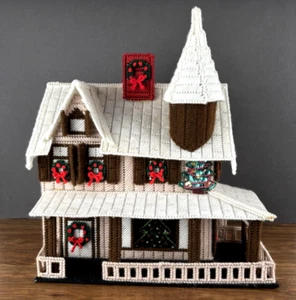 Plastic Canvas House Christmas Holiday Handmade Vintage Needlepoint 12" X 15" - Picture 1 of 11