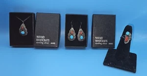 Native American Navajo SIGNED Silver Turquoise Ring Earring Necklace Set NEW - Picture 1 of 16