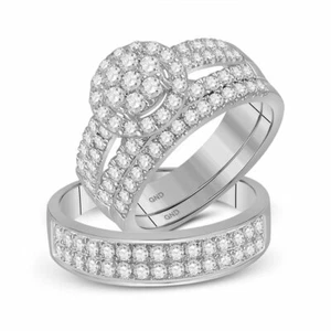 14kt White Gold His Her Round Diamond Cluster Matching Bridal Wedding Ring Set - Picture 1 of 1