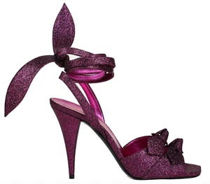 NIB Saint Laurent Kiki Fuchsia Pink Glitter Ankle Tie Sandals Pumps Sz 39 9 $995 - Picture 1 of 16