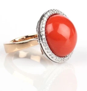 ALBERT HERN RING, WITH A NATURAL CORAL, PINK & WHITE 18Kt GOLD and DIAMONDS - Picture 1 of 4