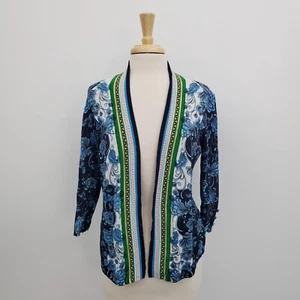 Chico's Perfect Layer Cardigan Size 1 (M) Open Front Blue Floral 3/4 Sleeve - Picture 1 of 13