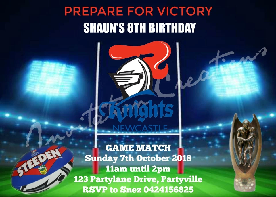Invitación a la fiesta de cumpleaños personalizada de la NRL Newcastle Knights Football Field Foto 1 de 1