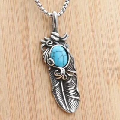Men Silver Turquoise Feather Pendant Necklace Chain Punk Rock Biker Jewelry Gift - Image 1 of 4