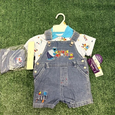 Vintage Y2K Sesame Street Overalls & Polo Shirt Set with Hat 12 M Cookie Monster - Image 1 of 4