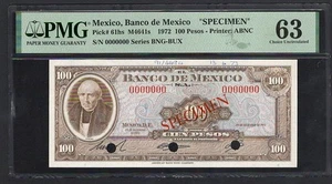 Mexico 100 Pesos 1972 P61hs "Specimen" Uncirculated Grade 63 - Picture 1 of 2