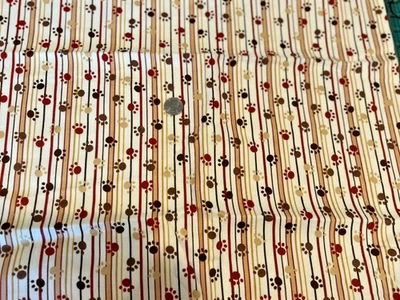 30"Cute Brown Dogv Paw Prints on Brown Stripe Cotton Flannel Fabric. OOP - Image 1 of 2