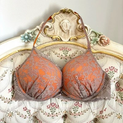 Victoria’s Secret Bombshell Sujetador Push-Up Encaje Halter Mujer’s 32B Gris/Naranja Foto 1 de 4