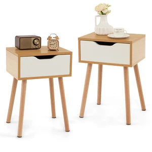 2PCS Nightstand End Side Sofa Table Storage Drawer Living Room w/ Solid Wood Leg - Picture 1 of 11