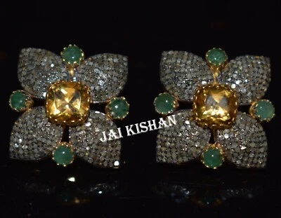 Elegant Citrin Smaragd Edelstein Pave Diamant 925 Sterlingsilber Damen Ohrringe - Bild 1 von 4