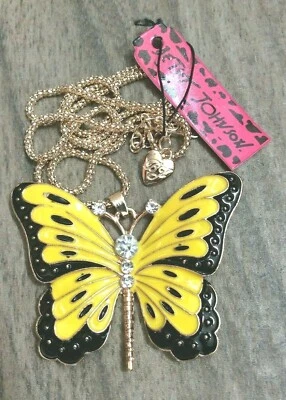 Betsey Johnson Colgante Mariposa Cristal Negro y Amarillo en Collar Dorado ¡Nuevo! Foto 1 de 2