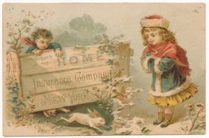 Kinder Kaninchen - Hausversicherungsgesellschaft - viktorianische Sammelkarte 1880 - Bild 1 von 2