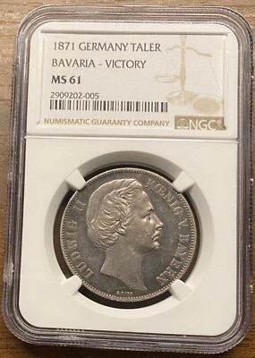 Germany States Bavaria 1871 Taler Coin Thaler VICTORY NGC MS61, Looks Prooflike - Image 1 of 4