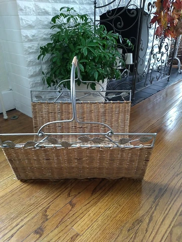 Antique Wicker wrought iron Firewood Log hearth Basket Handles Newspaper holder Cover