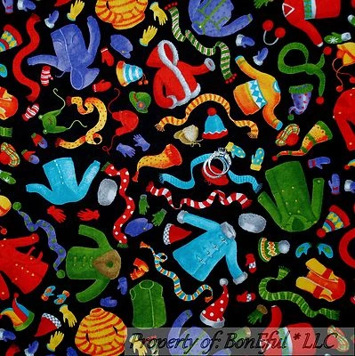 BonEful Fabric FQ Cotton Quilt Black Red Green Winter Knit Hat Glove Scarf Coat  - Image 1 of 4