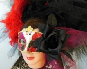 Mardi Gras Venetian Masquerade Harlequin Mask,Corset,Red Feather Boa,Hip Skirt - Picture 1 of 9