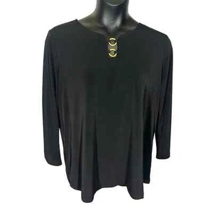 Top tejido líquido manga larga ojal dorado negro Susan Graver para mujer talla 1X - Imagen 1 de 6