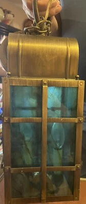 Vintage Georgian Art Lighting Hanging Light, Brass With Blue-Green Slag Glass - Image 1 of 4