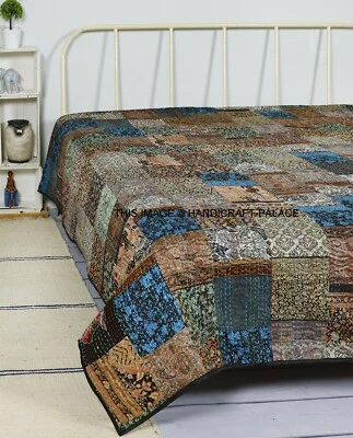 Edredón de seda hecho a mano Kantha vintage Sari tiro retazos Ralli indio 60*90 negro Foto 1 de 3