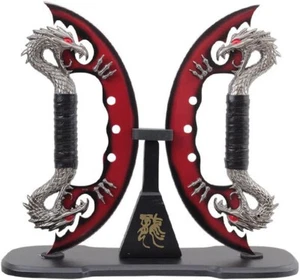 11" FANTASY Dragon DAGGERS Red DUAL Blade Knives COLLECTIBLES with Wooden Stand - Picture 1 of 3