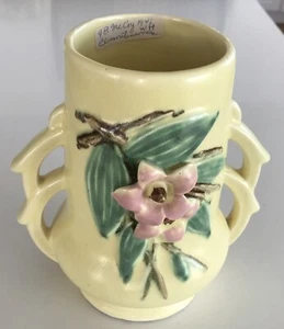 Vintage 1940's McCoy Pottery Blossom Double Handle Yellow Vase - Picture 1 of 5