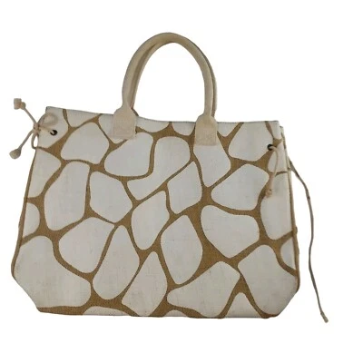 Nordstrom Tan White Giraffe Print Burlap Beach 17x12.5 Tote - Image 1 of 4