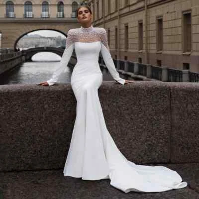 Luxury High Neck Shiny Pearls Beading Mermaid Wedding Dresses Women Bridal Gowns - Image 1 of 4