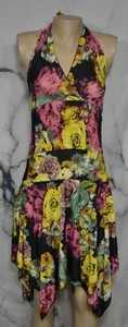 BPT USA Black Multicolor Floral Print Halter Dress Medium Smocked Waist Unlined - Picture 1 of 9