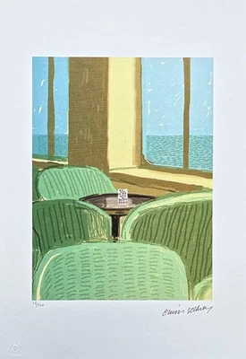 DAVID HOCKNEY - Restaurante con sillas verdes - Firmado, edición numerada 38/500 Foto 1 de 4