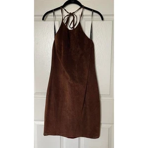 Laundry by Shelli Segal 90s Brown Perforated Leather Halter Dress Boho Festival - Picture 1 of 6