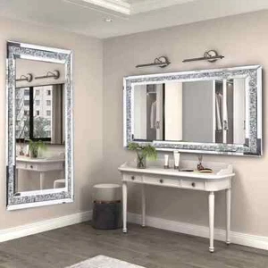 Large Silver Crystal Rhinestone Diamond Frameless Vanity Mirrors Wall Mounted - Picture 1 of 5