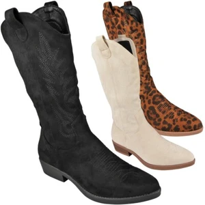 Botas vaqueras vaqueras para mujer media pantorrilla damas cremallera imitación gamuza detalle beige negro - Imagen 1 de 10