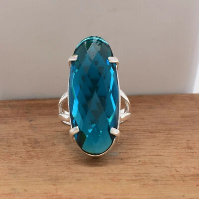 Blu Tormalina Gemma 925 Argento Sterling Artigianale Anello Tutte le Misure GB-1 - Immagine 1 di 3