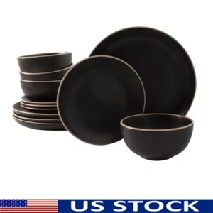 Mattschwarz 12-teiliges Geschirrset Coupe Spülmaschinenfest Mikrowellengeeignet Vierer Set Neu - Bild 1 von 8