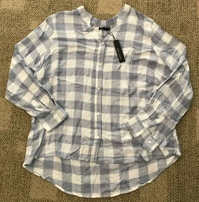 Camisa Max Jeans para mujer manga enrollable cuello en V gris blanco guinga talla grande 2X  Foto 1 de 4