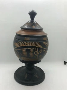Hand Made Wooden Jar w Lid Fish Flower Pattern Dark Brown Primitive Ginger Urn - Picture 1 of 9