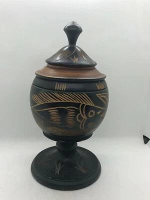 Hand Made Wooden Jar w Lid Fish Flower Pattern Dark Brown Primitive Ginger Urn - Image 1 of 4