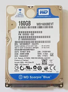 160 GB SATA Western Digital WD1600BEVT-22A23T0 5400rpm 8MB HDD 2,5 " Hard Drive - Picture 1 of 1