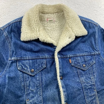 Chaqueta de mezclilla forrada Levi's Sherpa de colección para hombre 44 azul denim botón a presión lengüeta naranja Foto 1 de 4
