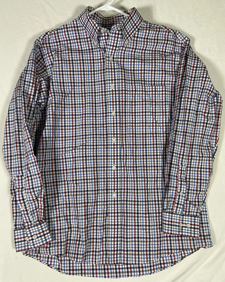 Jos A Bank 旅行者纽扣衬衫男式 M 格子红色白色蓝色长袖 — 第 1/4 张图片