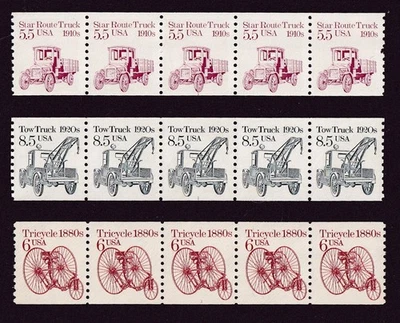 US #2125 Star Route Truck,#2126 Tricycle,#2129 Tow Truck, 3 PNCs of 5, Plate 1 - Image 1 of 3