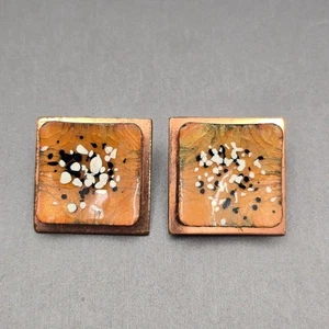 VTG Matisse Copper Enamel Square Clip-On Earrings Speckled Abstract 1950s - Picture 1 of 7