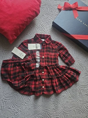 Ralph Lauren Red Pony Logo Buttoned Shirt Dress Bloomers Baby Girl Gift Set 3M - Image 1 of 4