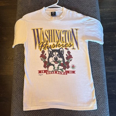 Vintage Washington Huskies 1991 90s Rose Bowl Football Single Stitch Med T Shirt - Image 1 of 4