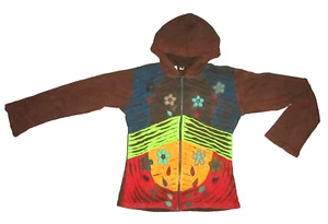 BROWN slashed razor cut cotton L/S NEPAL Hippie Boho Hoodie Jacket size XL #3 - Picture 1 of 7
