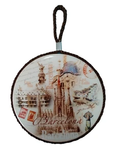 Vintage BARCELONA Ceramic Tile Trivet Wall Hanging Cork Back Brown Cord JUMI - Picture 1 of 20