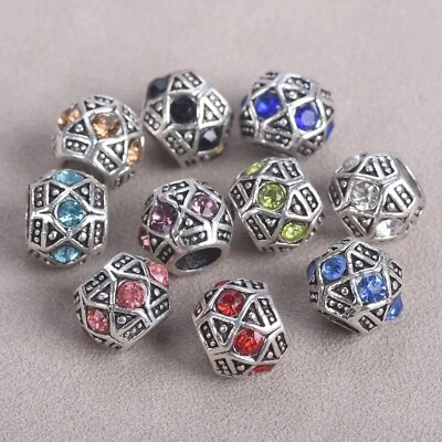 10PCS 10mm Round Tibetan Silver Color Rhinestones Charm Loose Big Hole Beads - Image 1 of 4