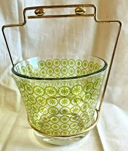 CUBO DE HIELO DE VIDRIO DE BAR DE CÓCTEL DE MEDIADOS DE SIGLO DE COLECCIÓN CON SOPORTE DE METAL - Imagen 1 de 6